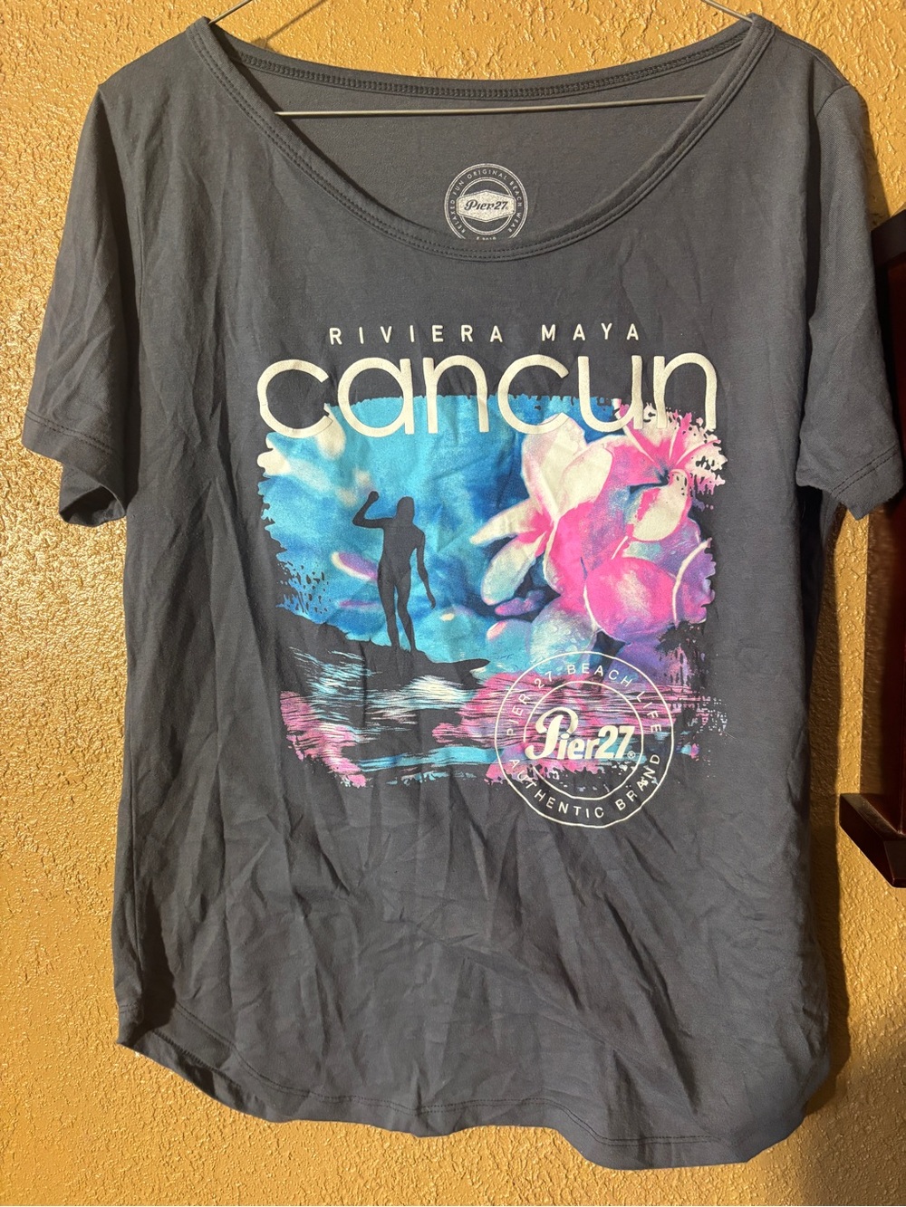 Pier 27 Cancun Graphic Tee - Dark Gray with Blue & Pink Print